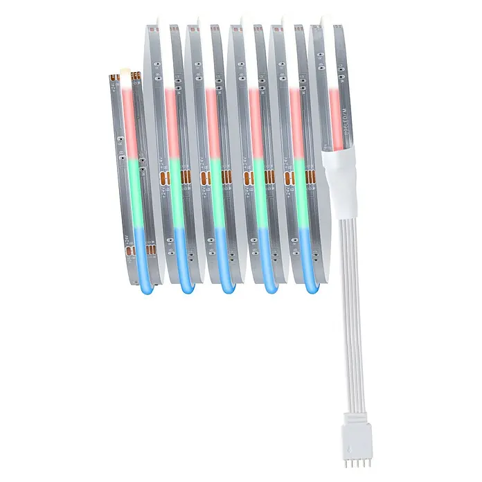 Paulmann MaxLED 1.000 LED-Stripes Full-Line Set - Länge: 1,5 m, RGBW, 25 W, 1.557 lm - Flexible RGBW LED-Lichtbänder zeigen rote, grüne, blaue und weiße Lichter, verbunden mit einem weißen Kabel und Stecker.