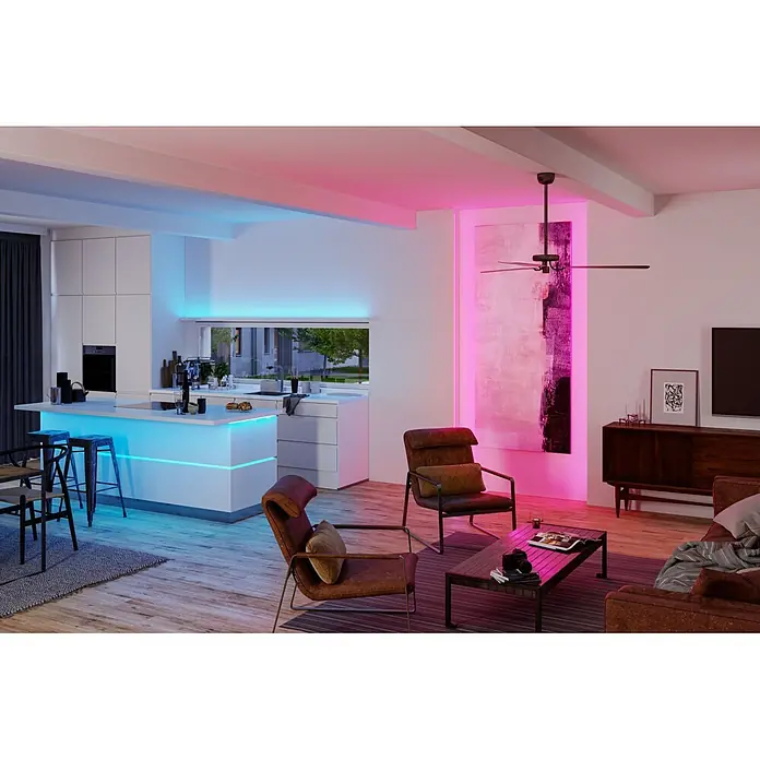 Paulmann MaxLED 1.000 LED-Stripes Full-Line Set - Länge: 3 m, RGBW, 27 W, 3.114 lm - Smarte LED-Lichtleisten beleuchten offene Küche und Wohnzimmer, schaffen blaue und pinke Zonen.