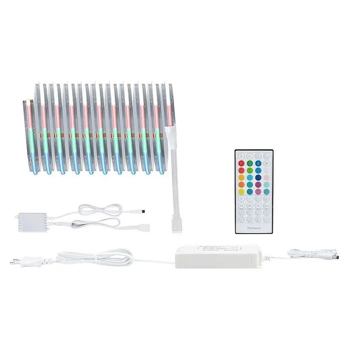 Paulmann MaxLED 1.000 LED-Stripes Full-Line Set - Länge: 3 m, RGBW, 27 W, 3.114 lm - Set von RGB-LED-Streifen mit Fernbedienung, Netzteil und Verbindungskabeln. Die Streifen leuchten rot, grün und blau.