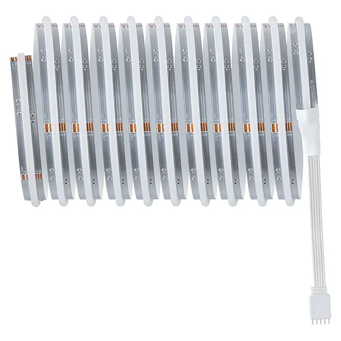 Paulmann MaxLED 1.000 LED-Stripes Full-Line Set - Länge: 3 m, RGBW, 27 W, 3.114 lm - Mehrere flexible weiße LED-Lichtbänder mit silberner Schaltung und transluzenter Abdeckung, verbunden mit weißem Kabel und 4-Pin-Stecker.