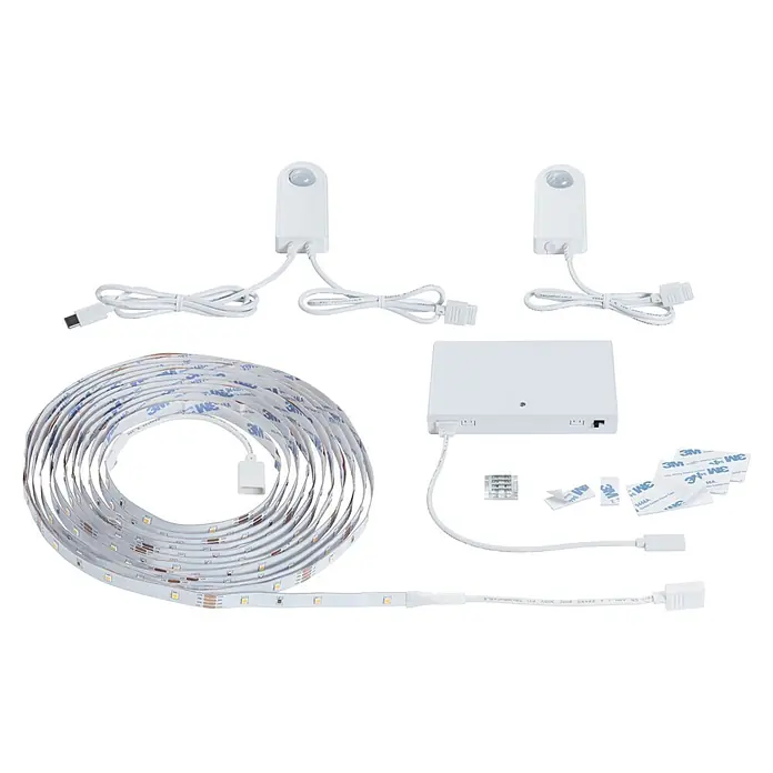 Paulmann Treppenstufen-Beleuchtung - Lichtfarbe: Warmweiß, Dimmbarkeit: Nicht Dimmbar - Weißes LED-Lichtband-Kit mit Bewegungssensoren, Steuereinheit und Klebestreifen.