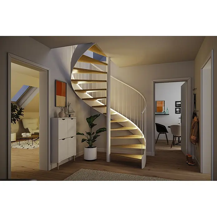 Paulmann Treppenstufen-Beleuchtung - Lichtfarbe: Warmweiß, Dimmbarkeit: Nicht Dimmbar - Moderne Wendeltreppe mit Holzstufen, weißem Geländer und integrierter Beleuchtung in einem Wohnambiente.