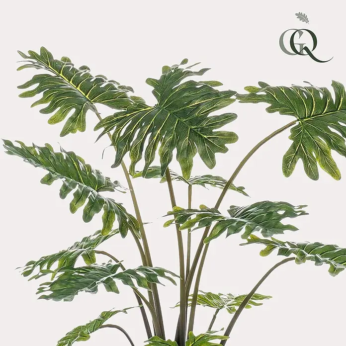 Florora Kunstpflanze Philodendron - Höhe: 80 cm, Holz - Künstliche Pflanze mit großen, tief gelappten grünen Blättern und leuchtend gelben Adern an braunen Stielen.