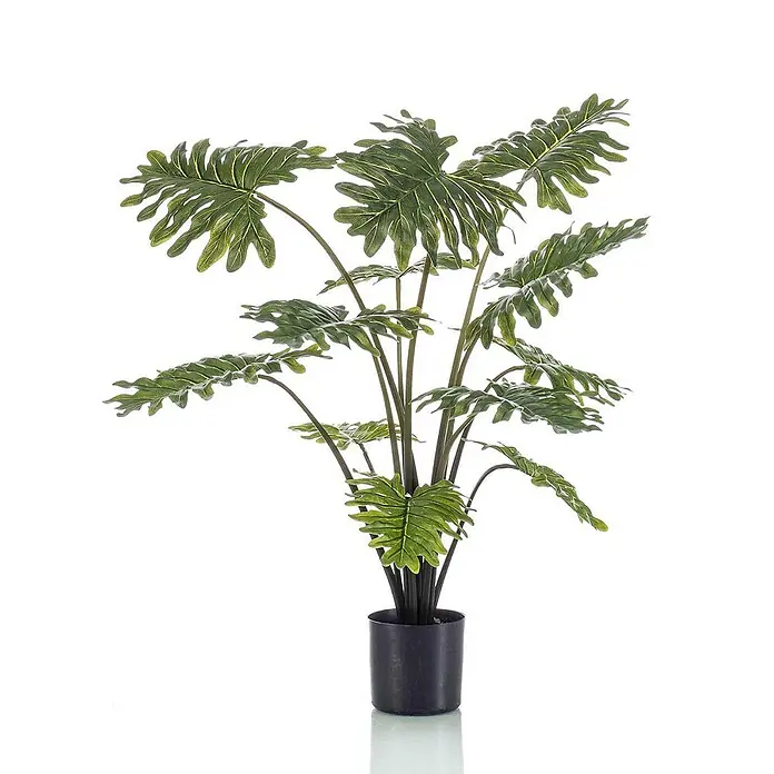 Florora Kunstpflanze Philodendron - Höhe: 80 cm, Holz - Große künstliche Tropenpflanze mit tief gelappten grünen Blättern in einem schwarzen Topf.