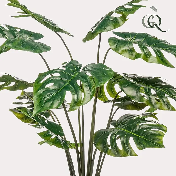 Florora Kunstpflanze Löcherpflanze - Höhe: 95 cm, Holz - Künstliche grüne Monstera-Pflanze mit großen, geschlitzten Blättern und dunklen Stielen.