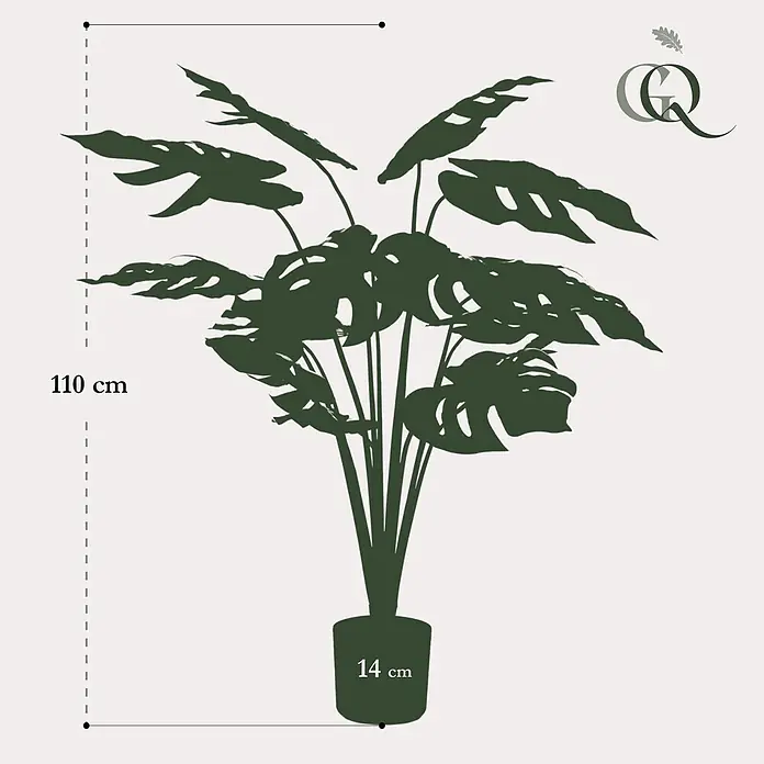 Florora Kunstpflanze Löcherpflanze - Höhe: 95 cm, Holz - Dunkelgrüne Silhouette einer Monstera-Pflanze im Topf, 110 cm hoch mit einem 14 cm Topf.