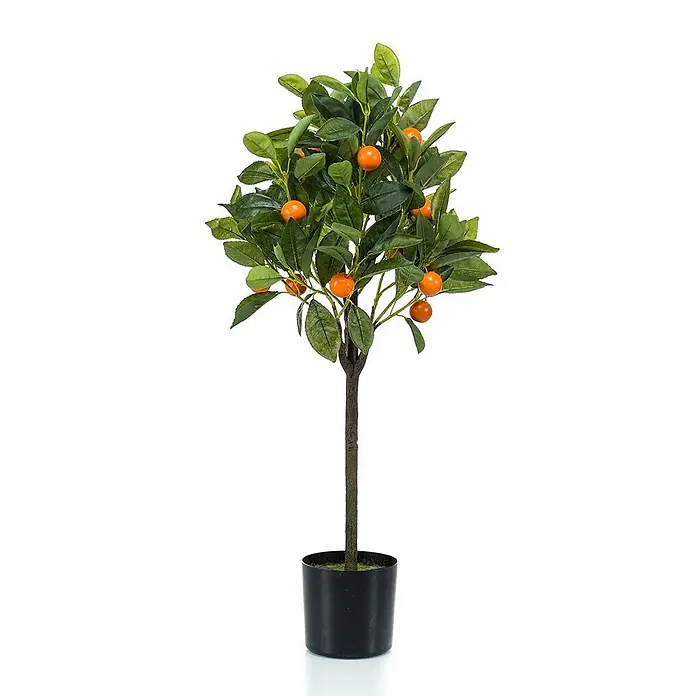 Florora Kunstpflanze Orangenbaum - Höhe: 75 cm, Blütenfarbe: Weiß, Holz - Künstlicher Orangenbaum mit grünen Blättern und orangefarbenen Früchten in einem schwarzen Topf zur Dekoration.