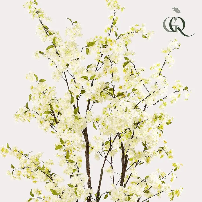 Florora Kunstpflanze Kirschblüte - Höhe: 210 cm, Blütenfarbe: Weiß, Holz - Künstlicher weißer Kirschblütenbaum mit grünen Blättern und braunen Ästen.