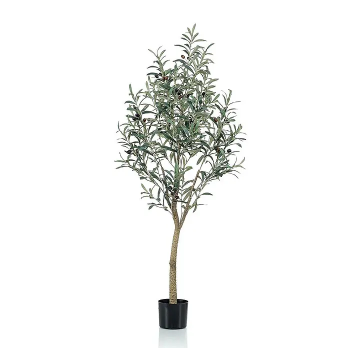 Florora Kunstpflanze Olivenbaum - Höhe: 140 cm, Holz - Künstlicher Olivenbaum mit grünen Blättern und braunen Oliven, in einem schwarzen Topf.