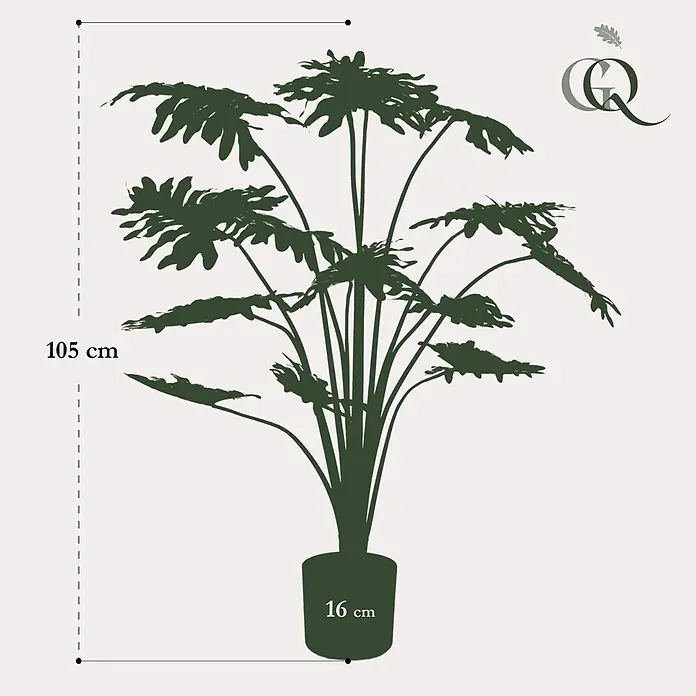 Florora Kunstpflanze Philodendron - Höhe: 105 cm, Holz - Dunkelgrüne Silhouette einer tropischen Pflanze im Topf. Gesamthöhe 105 cm, Topfhöhe 16 cm.