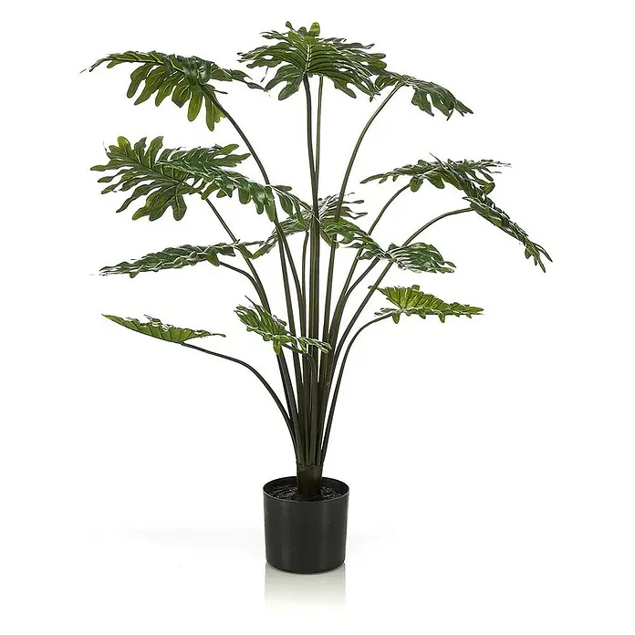 Florora Kunstpflanze Philodendron - Höhe: 105 cm, Holz - Künstliche Pflanze mit großen, grünen, geschlitzten Blättern in einem schwarzen Topf.