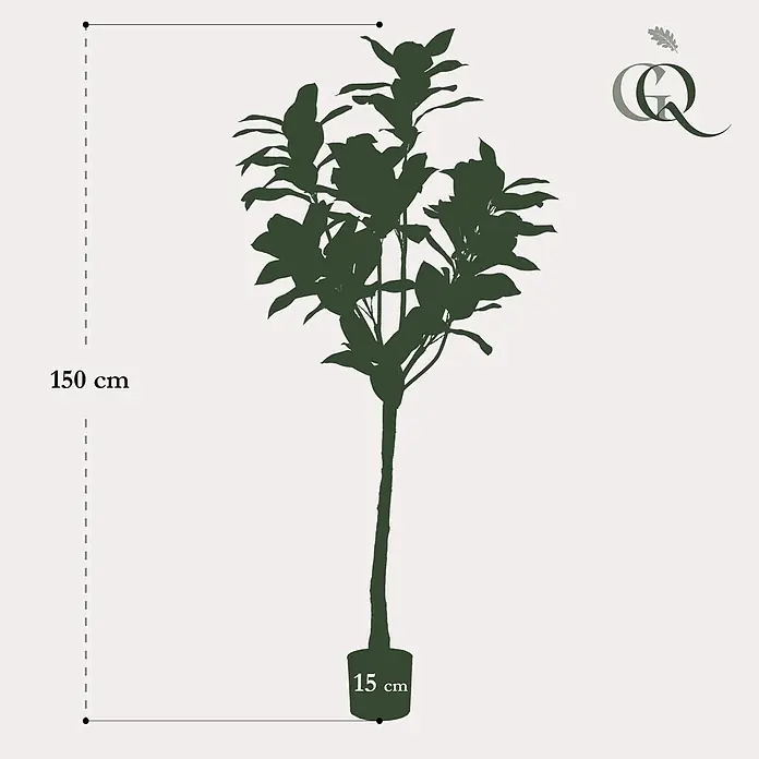 Florora Kunstpflanze Magnolie - Höhe: 150 cm, Blütenfarbe: Weiß, Holz - Dunkelgrüne Silhouette einer Pflanze im Topf, 150 cm hoch, Topfbreite 15 cm.