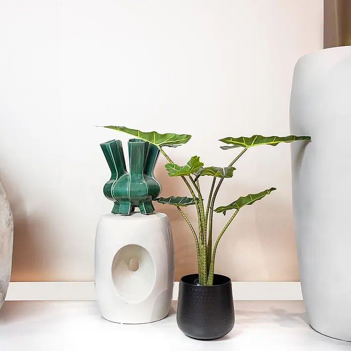 Florora Kunstpflanze Elefantenohr - Höhe: 80 cm, Holz - Grüne Keramikvase mit Rippenstruktur und mehreren Öffnungen, auf einem weißen Hocker platziert.