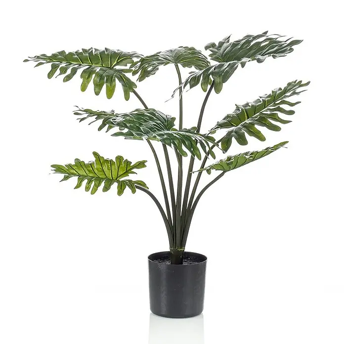 Florora Kunstpflanze Philodendron - Holz - Künstliche Pflanze mit großen grünen Blättern im schwarzen Topf.