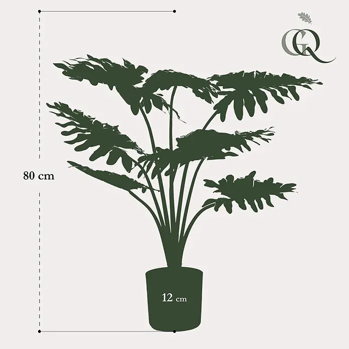 Florora Kunstpflanze Philodendron - Holz - Dunkelgrüne Topfpflanzen-Silhouette, 80 cm hoch, Topf 12 cm tief.
