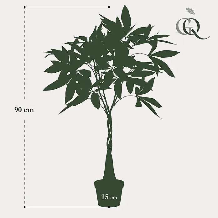 Florora Kunstpflanze Geldbaum - Höhe: 90 cm, Holz - Dunkelgrüne Silhouette eines Topf-Geldbaums mit geflochtenem Stamm, 90 cm hoch, Topf 15 cm breit.