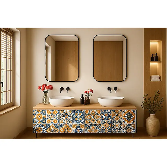 Cordia Rahmenspiegel - 100 x 80 cm, Schwarz, Aluminium - Badezimmerschrank mit ornamentalen blau-orangen Fliesen, zwei weißen Waschbecken und schwarzen Armaturen.