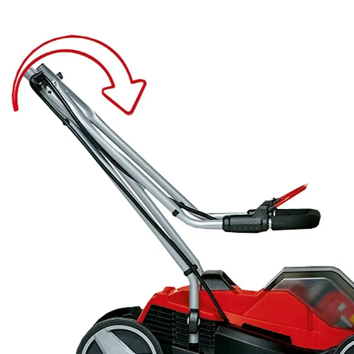 Einhell PXC 18V Cortacésped de batería GE-CM36/33 - 18 V, 2 baterías, 2,5 Ah, Ancho de corte: 33 cm - Un primer plano del mango de un cortacésped, con una flecha que indica el movimiento de plegado del mango.