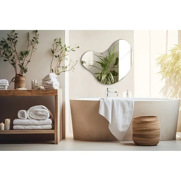 Tulup Wandspiegel - 76,6 x 77,3 cm - Ein modernes Badezimmer mit freistehender Wanne, Holzregal mit Pflanzen und Handtüchern, sowie einem abstrakten Spiegel.