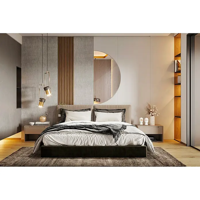 Tulup Wandspiegel - 80 x 80 cm - Modernes Polsterbett mit beigem Kopfteil, dunklem Unterbau und weiß/grauer Bettwäsche in einem stilvollen Schlafzimmer.