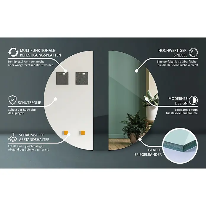 Tulup Wandspiegel - 80 x 80 cm - Spiegel mit hervorgehobenen Merkmalen: vielseitige Montage, Schutzfolie, Abstandshalter, hochwertige Reflexion, modernes Design, glatte Kanten.