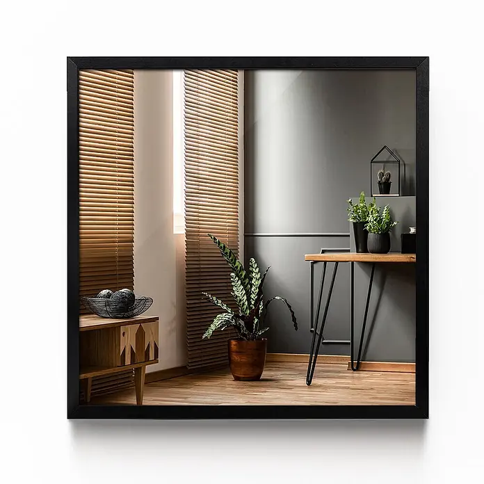 Tulup Wandspiegel - 60 x 80 cm - Schwarz gerahmter Spiegel, der ein stilvolles Zimmer mit Holzjalousien, Pflanzen und einem Holztisch reflektiert.