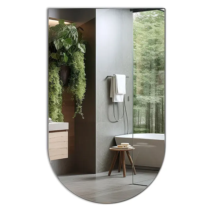 Tulup Wandspiegel - 100 x 60 cm - Ovaler Spiegel, der ein modernes Badezimmer mit grünen Pflanzen, einer weißen Badewanne und Waldblick zeigt.