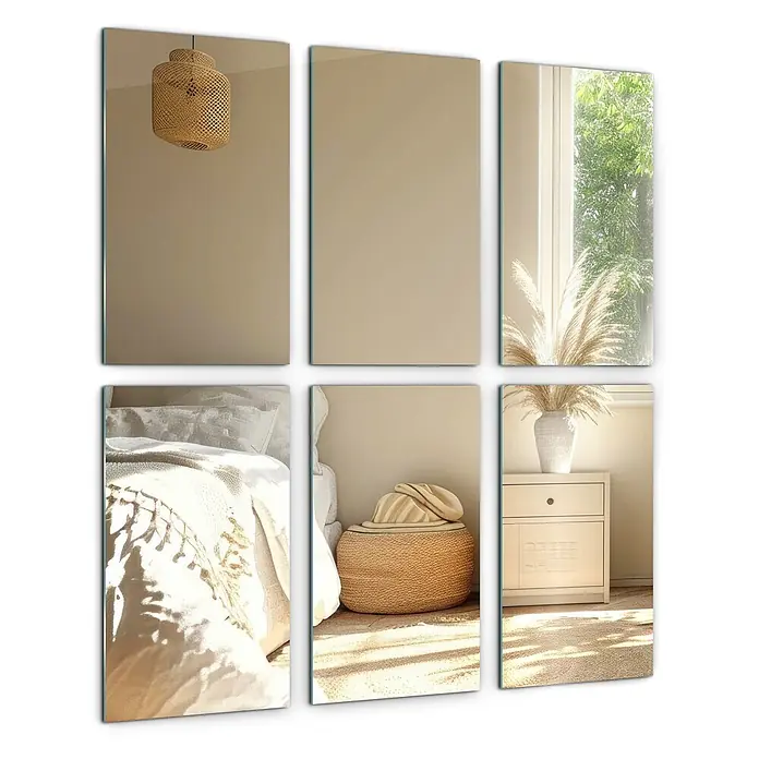 Tulup Wandspiegel - 30 x 30 cm - Sechs rechteckige Spiegel, die ein naturfarbenes Interieur mit geflochtener Deko, Bett und Fenster reflektieren, für mehr Licht und Raum.