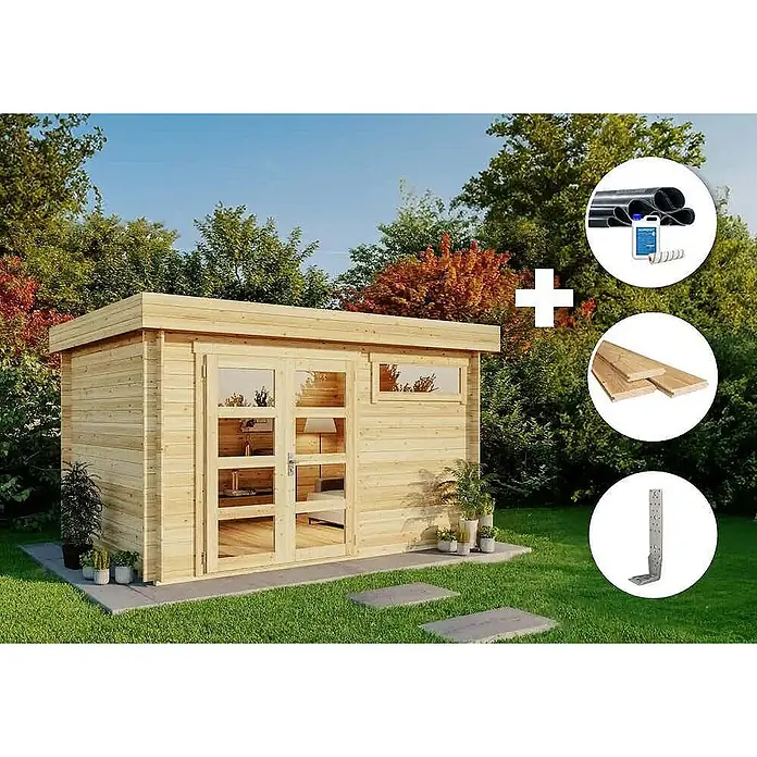 Alpholz Gartenhaus ECO Set Leandro imprägniert - Außenmaß inkl. Dachüberstand (B x T): 394 x 268 cm, Holz, Pinie - Helles Gartenhaus aus Holz im Garten, mit Einblendungen von Baumaterialien wie Rohren, Brettern und einem Winkelverbinder.