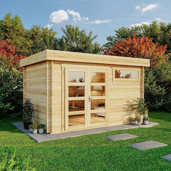 Alpholz Gartenhaus ECO Set Leandro imprägniert - Außenmaß inkl. Dachüberstand (B x T): 394 x 268 cm, Holz, Pinie - Naturholz-Gartenhaus mit großen Glastüren und Seitenfenster.