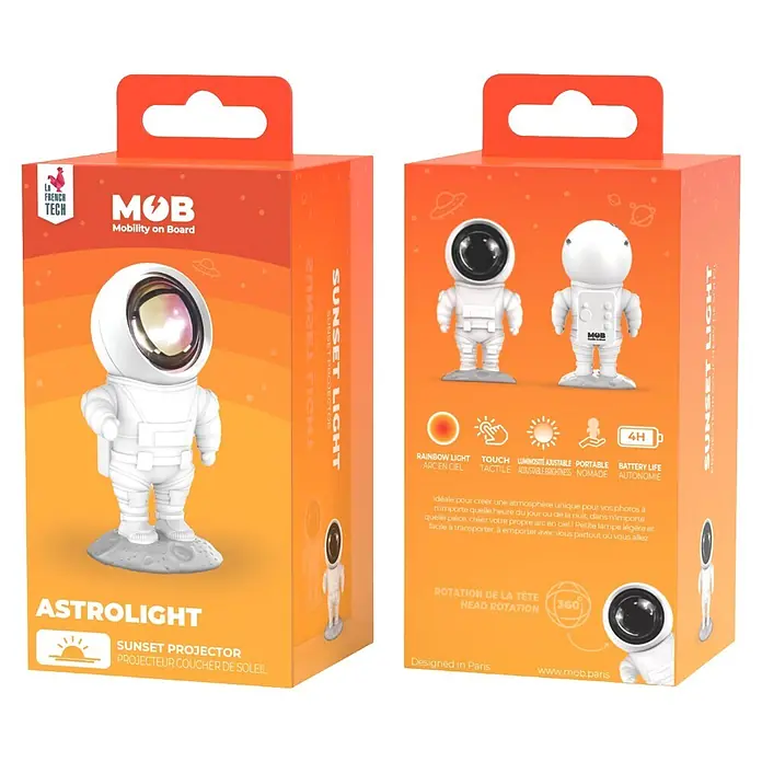 Mob Lámpara de sobremesa LED Astrolight Sun - 5 W, L x An x Al: 6,5 x 6 x 12 cm, Blanco, Blanco cálido, Sun - Proyector de puesta de sol de astronauta blanco en su embalaje.