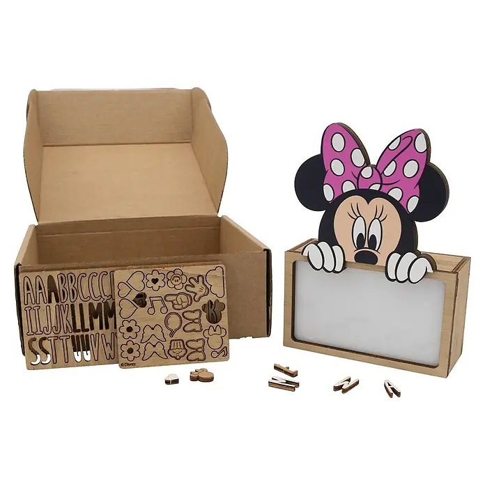 Lámpara de sobremesa infantil Minnie Mouse - 0,5 W, L x An x Al: 5 x 12,5 x 17 cm, Marrón, Luz nocturna, Minnie Mouse - Marco decorativo de madera de Minnie Mouse con inserto blanco y kit de manualidades de madera con abecedario y formas en una caja.