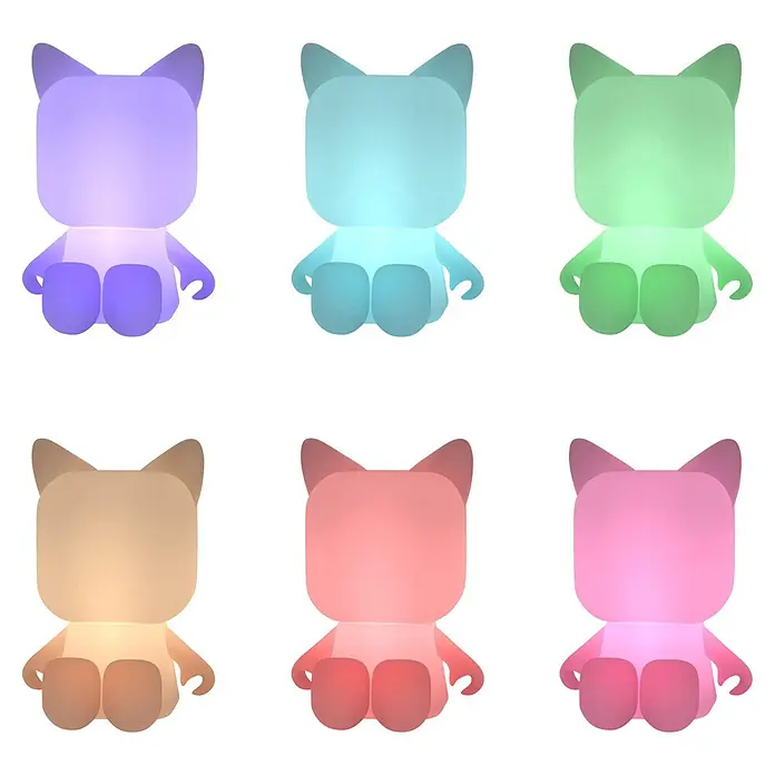 Mob Lámpara de sobremesa LED Cute Animal Gato - 1 W, L x An x Al: 10 x 8 x 14 cm, Blanco, Gato - Seis luces nocturnas luminosas con forma de gato, en colores pastel: morado, azul, verde, beige, dos tonos de rosa.