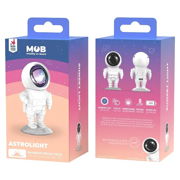 Mob Lámpara de sobremesa LED Astrolight Rainbow - 5 W, L x An x Al: 6,5 x 6 x 12 cm, Blanco, Multicolor, Rainbow - Embalaje de proyector arcoíris 'Astrolight Sunset Light' con forma de astronauta, mostrando características y diseño.
