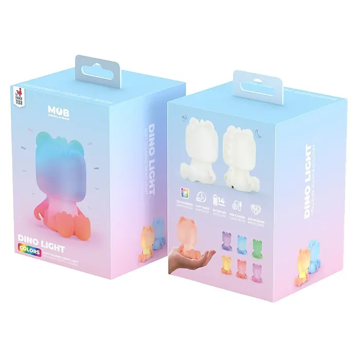Mob Lámpara de sobremesa LED Cute Animal Dinosaurio - 1 W, L x An x Al: 10 x 8 x 14 cm, Blanco, Dinosaurio - Dos cajas de producto degradadas azul claro y rosa para una luz de noche de dinosaurio de colores suaves, mostrando sus características y modelos.