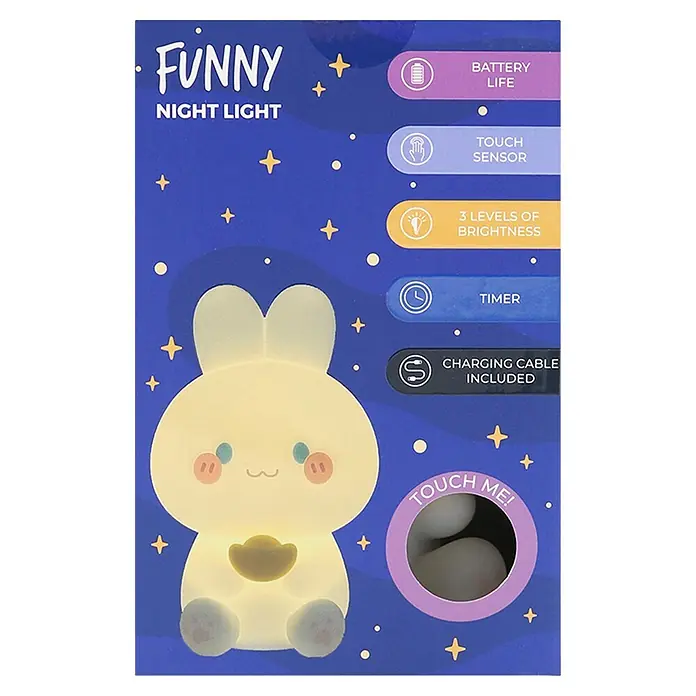 Lámpara de sobremesa Conejo - Conejo, 5 W, L x An x Al: 9,5 x 10 x 14,5 cm - Luz de noche de conejo amarilla brillante en empaque morado con estrellas, destacando funciones como sensor táctil y niveles de brillo.