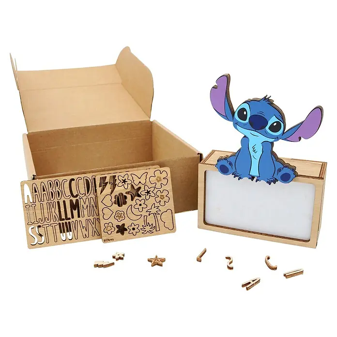Lámpara de sobremesa infantil Stitch - 0,5 W, L x An x Al: 5 x 12,5 x 17 cm, Luz nocturna, Stitch - Kit de manualidades de madera con personaje Stitch, marco de fotos, alfabeto y formas.