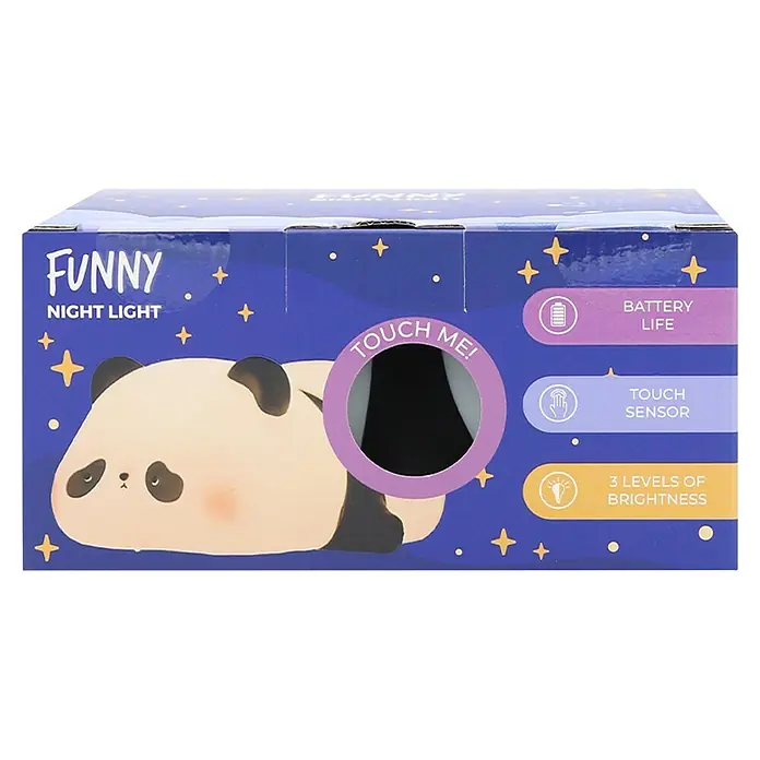 Lámpara de sobremesa Panda - Panda, 2 W, L x An x Al: 13,1 x 11,3 x 6 cm - Luz nocturna de panda en caja morada, con texto "Funny Night Light", estrellas y descripciones de características. Un recorte dice "Touch Me!".