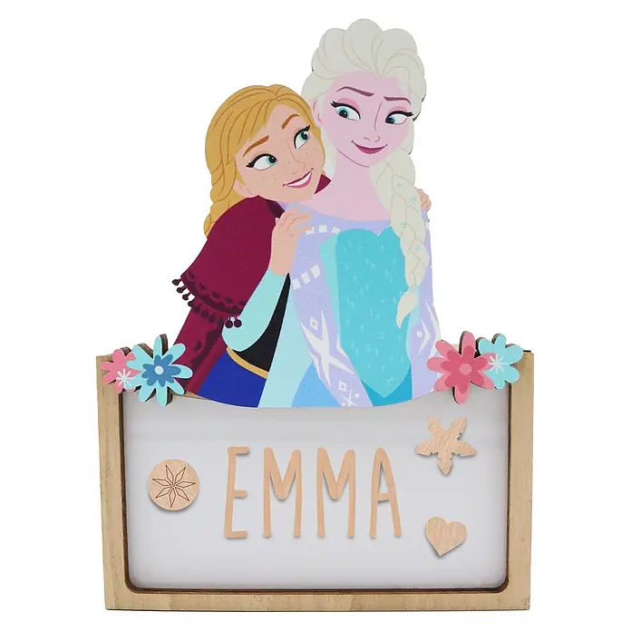 Lámpara de sobremesa infantil Elsa y Ana - 0,5 W, L x An x Al: 5 x 12,5 x 17 cm, Luz nocturna, Elsa y Ana - Cartel decorativo de madera con Elsa y Anna de Disney de Frozen, el nombre 'EMMA' en letras de madera y adornos de flores/estrella/corazón.