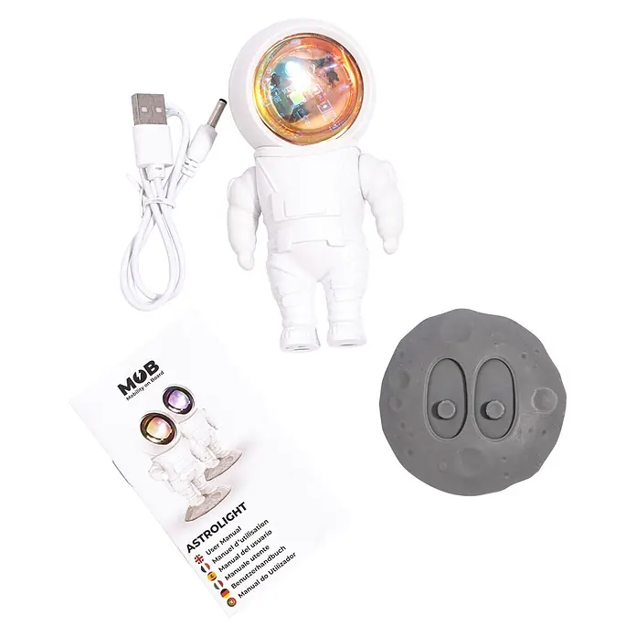 Mob Lámpara de sobremesa LED Astrolight Sun - 5 W, L x An x Al: 6,5 x 6 x 12 cm, Blanco, Blanco cálido, Sun - Lámpara proyector con forma de astronauta blanca con cable USB y mando a distancia gris en forma de luna. Manual de usuario incluido.