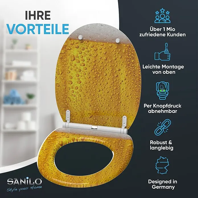 SANILO WC-Sitz Bier mit Schnellverschluss - MDF, Gelb, Mit Absenkautomatik - Toilettensitz mit realistischem goldenem Biermuster, inklusive Blasen und Schaum.