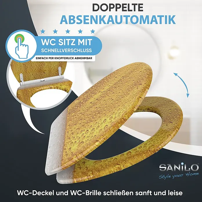 SANILO WC-Sitz Bier mit Schnellverschluss - MDF, Gelb, Mit Absenkautomatik - Goldgelber WC-Sitz mit Wassertropfenmuster, Doppel-Absenkautomatik und Schnellverschluss für einfache Abnahme.