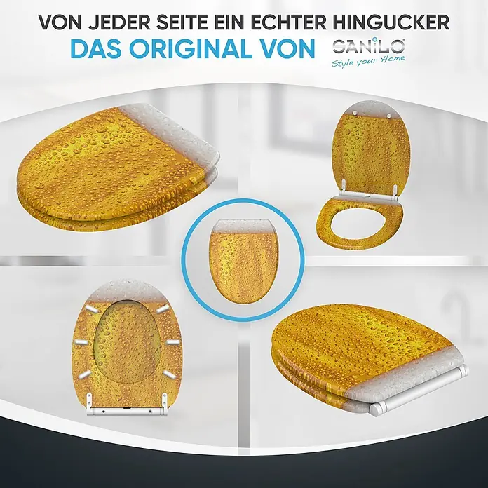 SANILO WC-Sitz Bier mit Schnellverschluss - MDF, Gelb, Mit Absenkautomatik - Toilettensitz mit realistischem Bier- und Schaumdesign, komplett mit Kondenswassertropfen, aus verschiedenen Blickwinkeln.