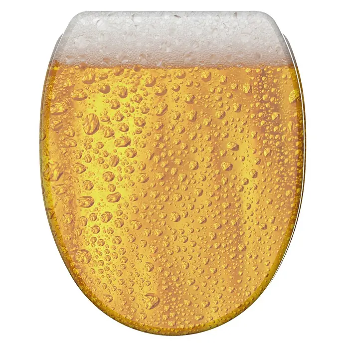 SANILO WC-Sitz Bier mit Schnellverschluss - MDF, Gelb, Mit Absenkautomatik - Toilettensitz mit fotorealistischem Aufdruck eines kalten Bieres mit Schaum und Kondenswasser.