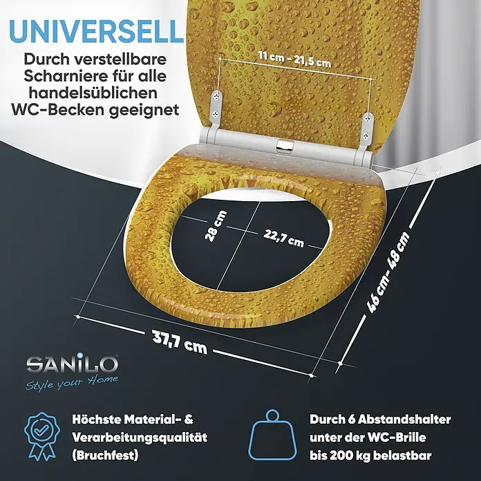 SANILO WC-Sitz Bier mit Schnellverschluss - MDF, Gelb, Mit Absenkautomatik