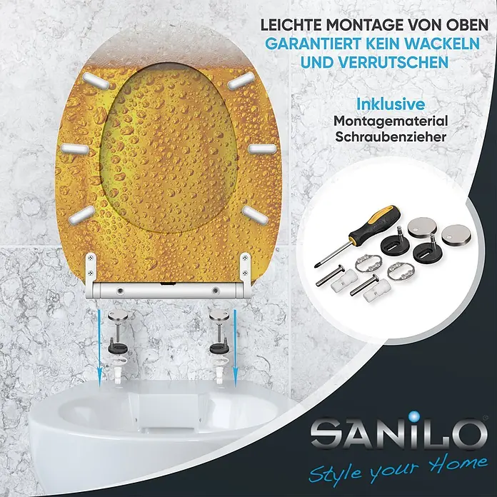 SANILO WC-Sitz Bier mit Schnellverschluss - MDF, Gelb, Mit Absenkautomatik - Toilettensitz im Bier-Design, zeigt Top-Down-Montage und inklusive Montagematerial (Schraubenzieher).
