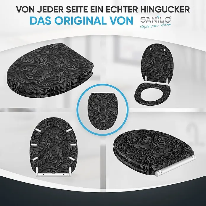 SANILO WC-Sitz Floral mit Schnellverschluss - MDF, Schwarz, Mit Absenkautomatik - Schwarzer Toilettensitz mit aufwendigem, geprägtem Blumenmuster, aus verschiedenen Winkeln gezeigt.