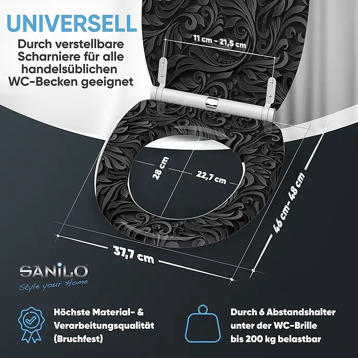 SANILO WC-Sitz Floral mit Schnellverschluss - MDF, Schwarz, Mit Absenkautomatik - Schwarzer WC-Sitz mit grauem Blumenmuster, Maße 46-48x37.7 cm, verstellbare Scharniere (11-21.5 cm), 200kg Tragkraft, bruchfest.