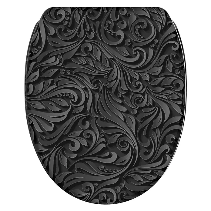 SANILO WC-Sitz Floral mit Schnellverschluss - MDF, Schwarz, Mit Absenkautomatik - Schwarzer Toilettendeckel mit floralem Prägemuster.