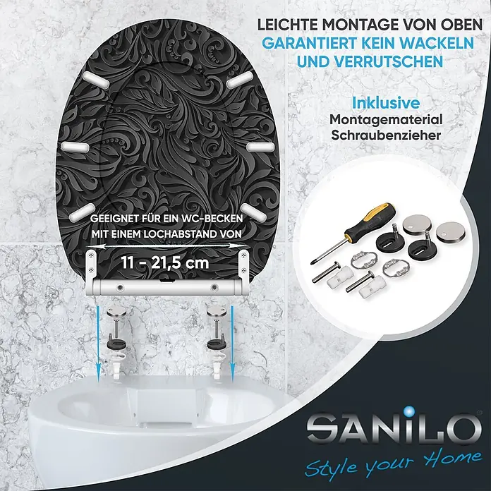 SANILO WC-Sitz Floral mit Schnellverschluss - MDF, Schwarz, Mit Absenkautomatik - Schwarzer WC-Sitz mit Ornamentmuster, auf weißem WC montiert, mit Top-Fix-Scharnieren und Montagematerial inklusive Schraubendreher.